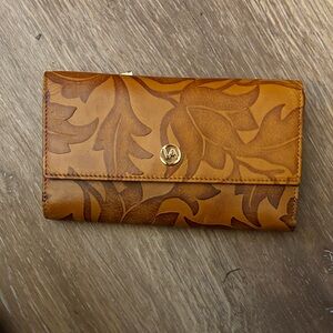 Valentina Floral Embossed Leather Wallet - Caramel Brown with Dark Leaf Detail